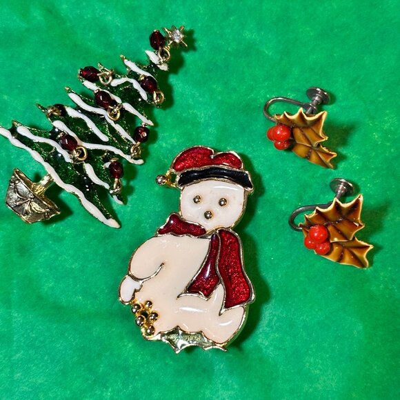 LOT of 2 Vintage Holiday Pins & 1 Earrings - Picture 2 of 6